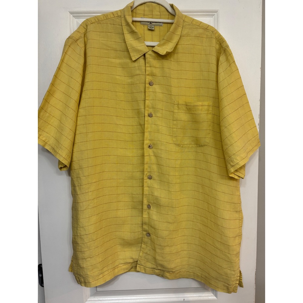 Tommy Bahama Mens XL Yellow 100% Linen Windowpane Short Sleeve Button Down Shirt